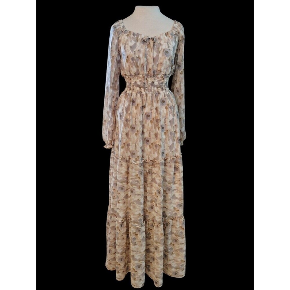 Baltic Born Eden Smocked Maxi Dress Tiered Skirt Chiffon Long Sheer Sleeves XS